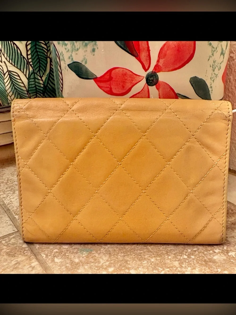 Authentic Chanel Cambon Quilted Leather Short Wallet with Orange interior